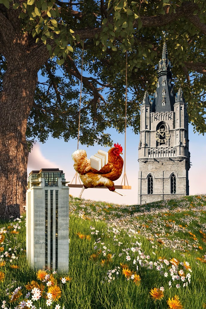 An exquisitely crafted image of a live chicken topped with three slices of butter absolutely chilling on a swing in a beautiful field with two of Gent's cultural landmarks to fill the scene