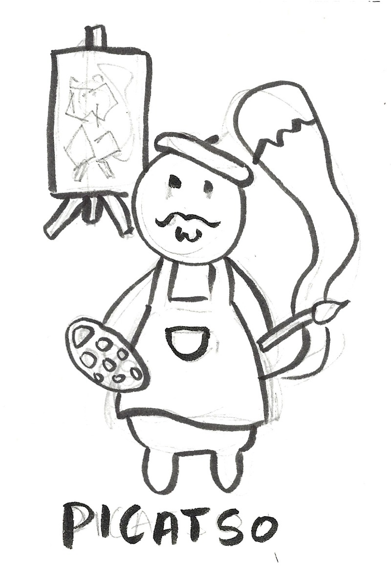 Picatso - A cat with a mustache with an apron, brush, and palette standing in front of an abstract painting