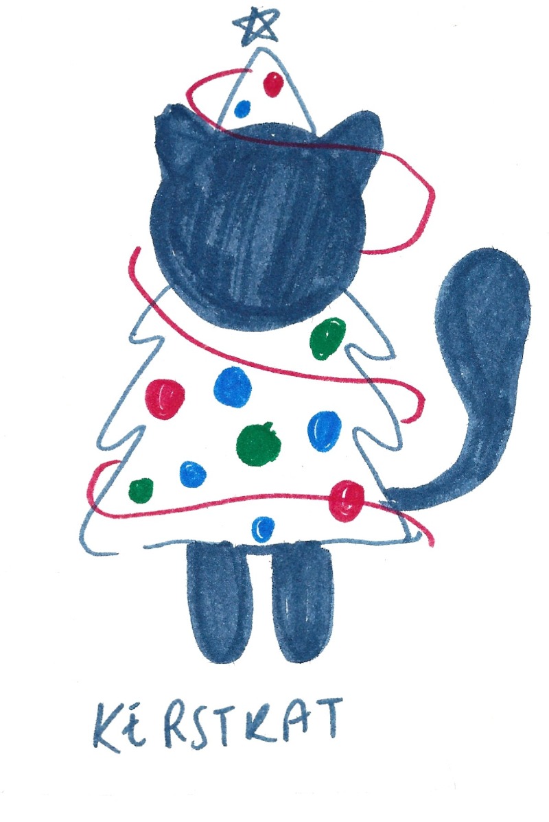 kerstkat - A cat wearing a decorated christmas-tree shaped dress and a party hat topped with a star