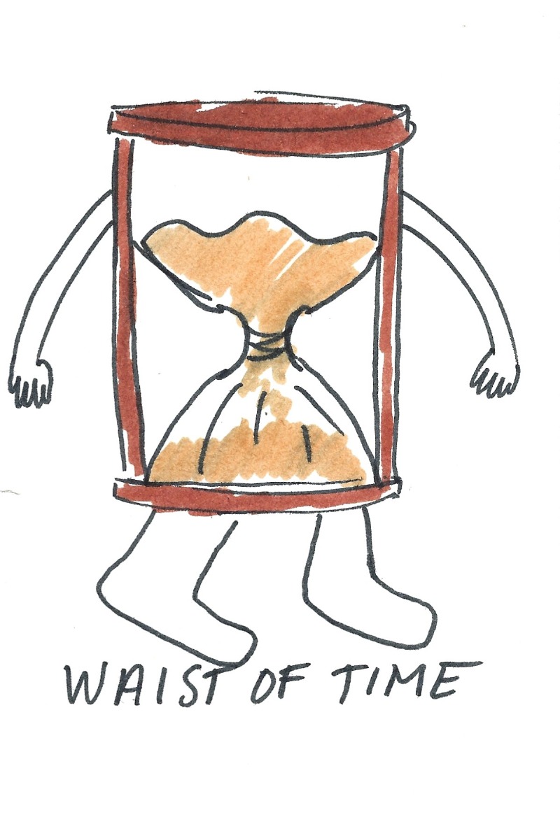 Waist of time - an hourglass with arms and legs wearing a corset around its middle