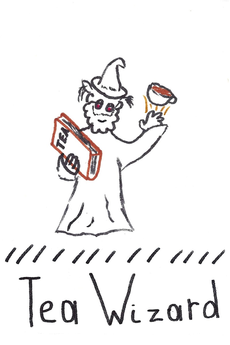 The tea wizard - a wizard conjuring a cup of tea holding a book titled 'tea'
