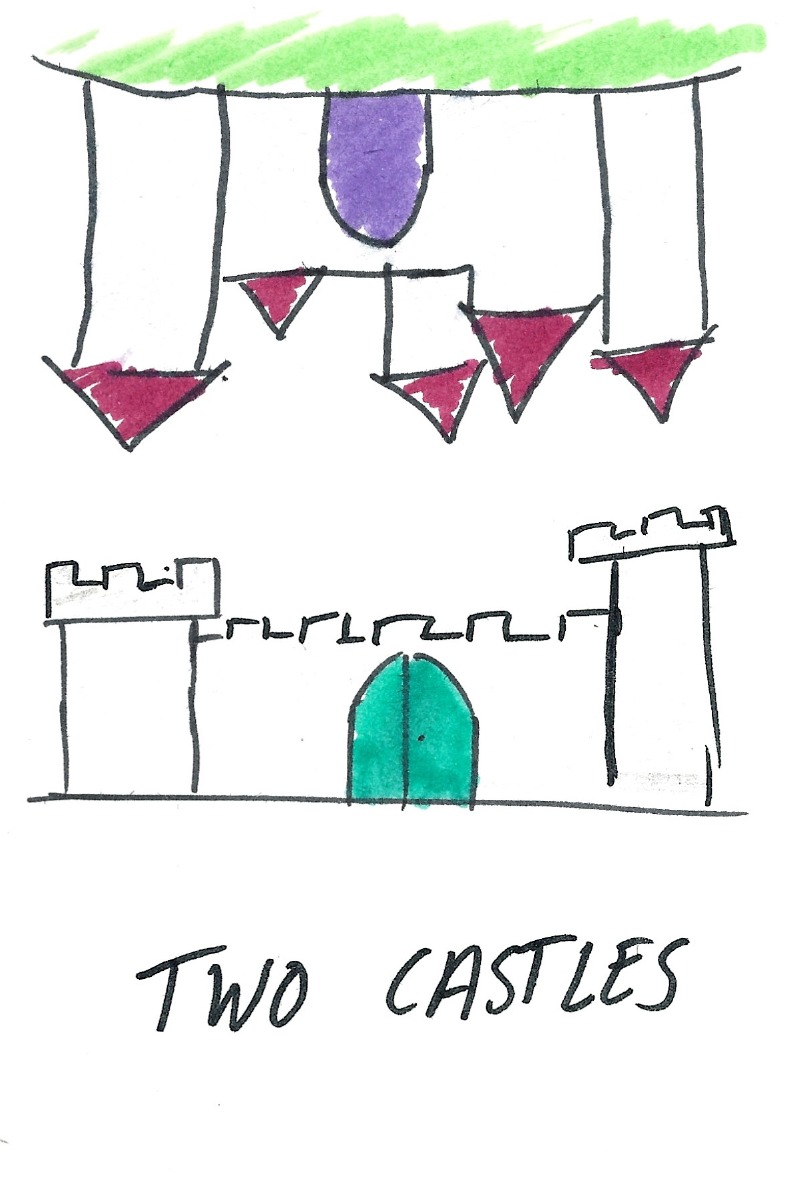Two castles - An upside-down castle with pointy towers above a right-side-up castle with square crenellations