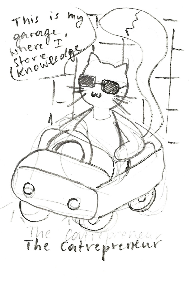 The catrepreneur - A cat in a car wearing sunglasses with a speech bubble that says 'This is my garage, where I store knowledge'