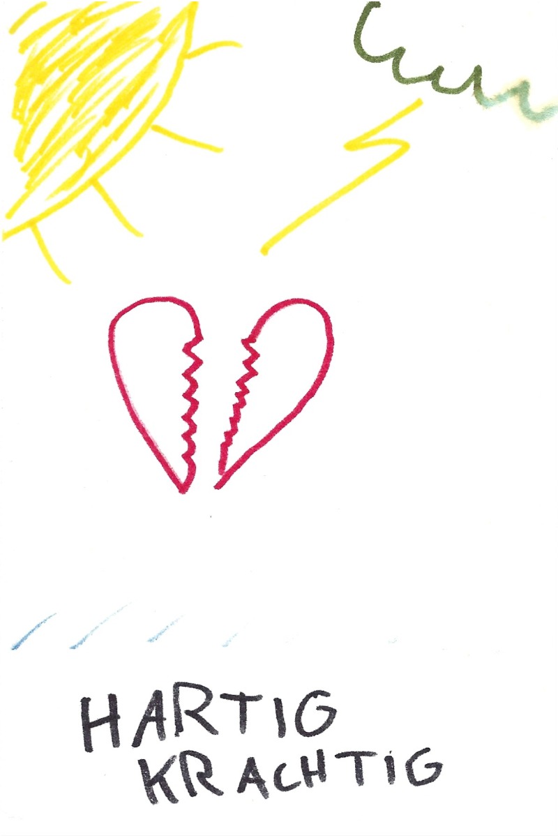 Hartig krachtig - A broken heart, above it there is a sun in the left corner and a thunder cloud and lightning bolt in the right corner