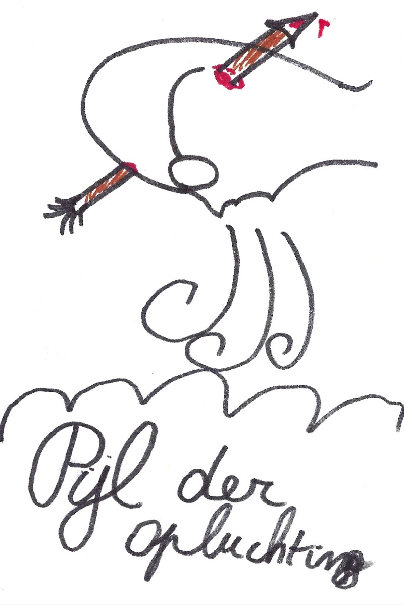 Pijl der opluchting - A person wearing glasses with an arrow through his head breathing a sigh of relief