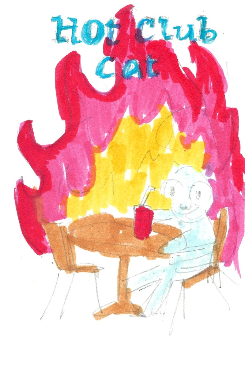 Hot club cat - A cat sat at a round table with a drink with a background of fire