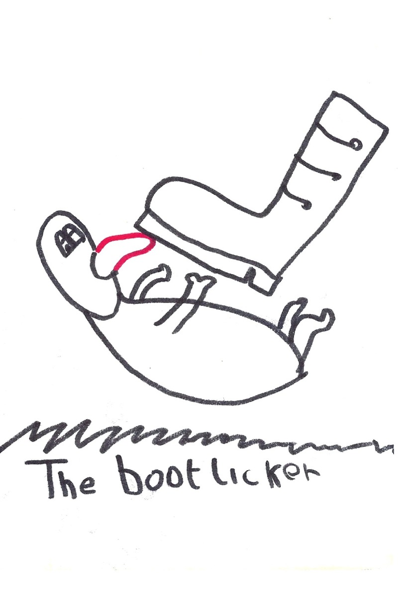 The bootlicker - Character underneath a boot that's about the same size as him, licking it