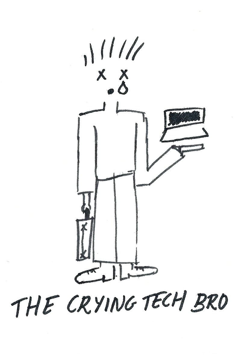The crying tech brp - Person with a suitcase and laptop crying a single tear