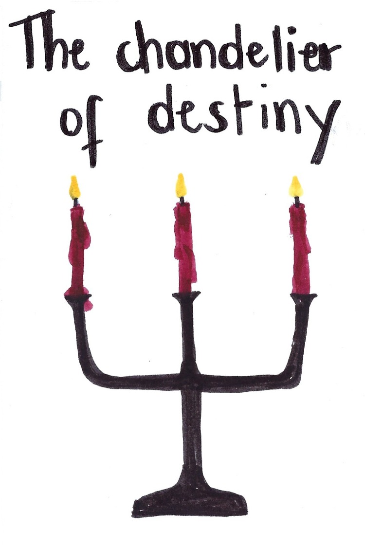 The chandelier of destiny - a three armed chandelier with burning candles