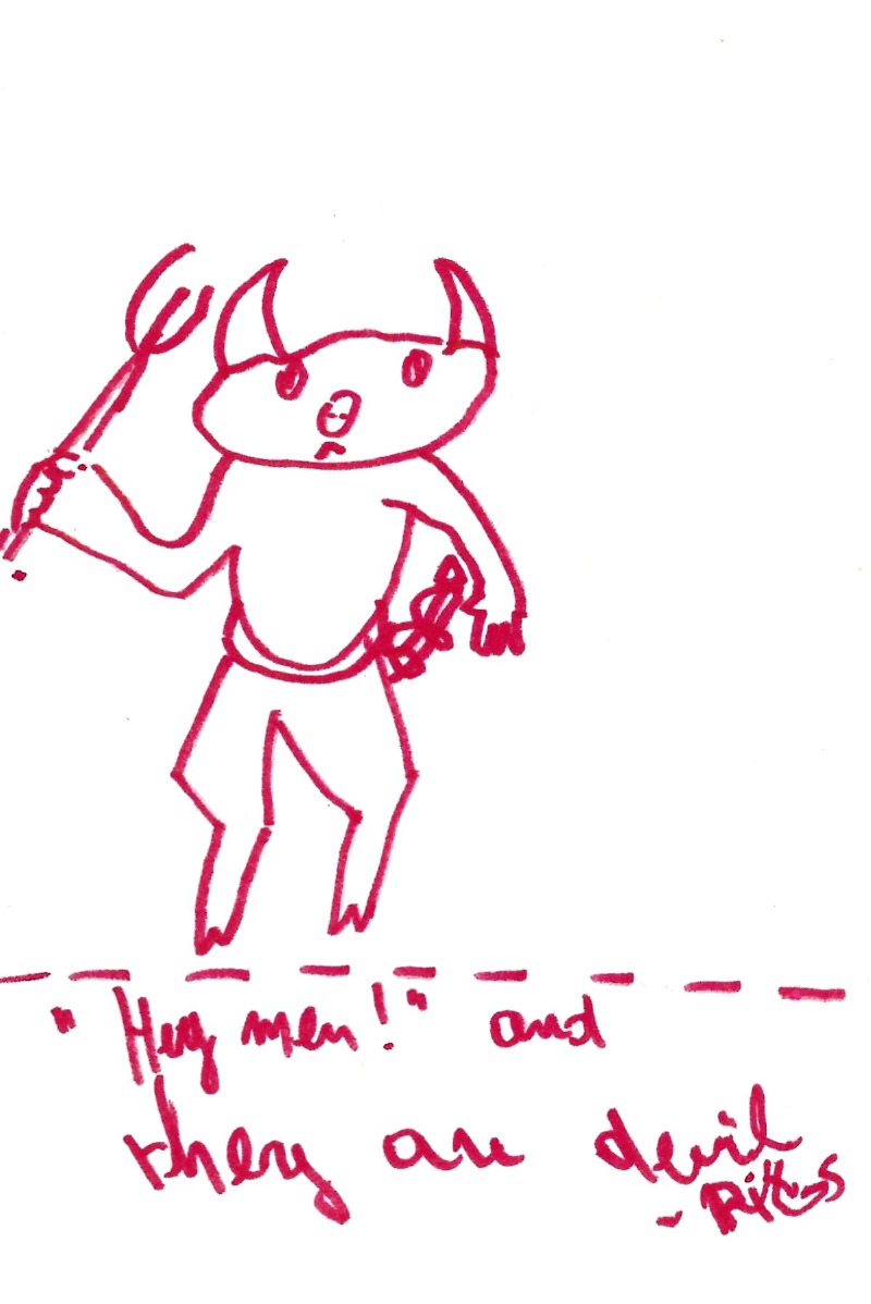 'Hey men!' and they are devil(illegible) - a demon pig with horns holding a pitchfork