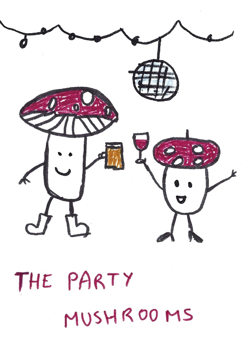 The party mushrooms - Two happy mushrooms holding drinks underneath stringlights and a disco ball
